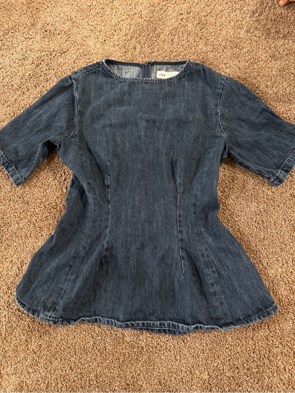 Zara Dark Blue Denim Peplum Short-Sleeve Top